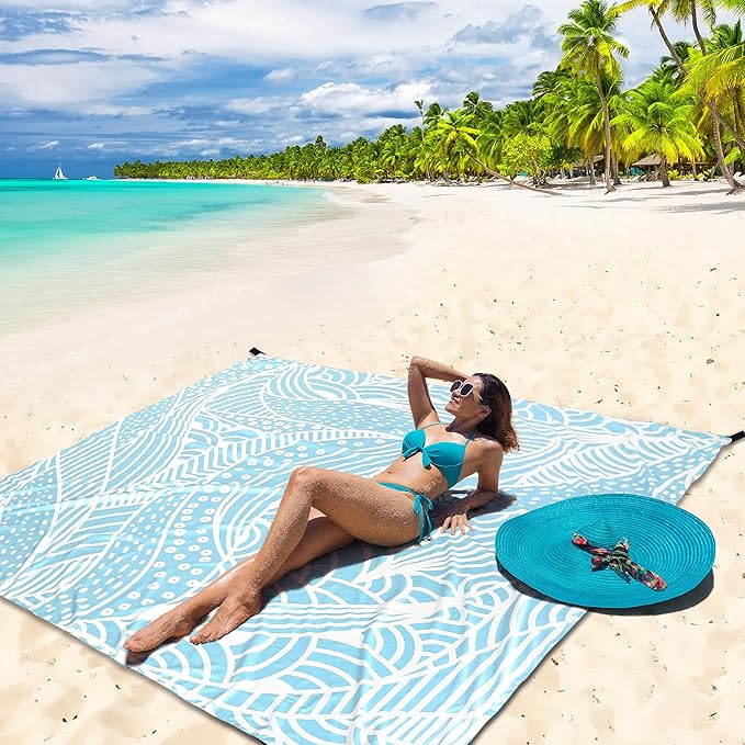 Beach Blanket Waterproof Sandproof Beach Mat 79”x 83” for 1-4 Adults Quick Drying Durable Outdoor Picnic Mat for Beach Festival Travel Picnic Camping Hiking (BL-Ripple, 79"×108"(6 Person))