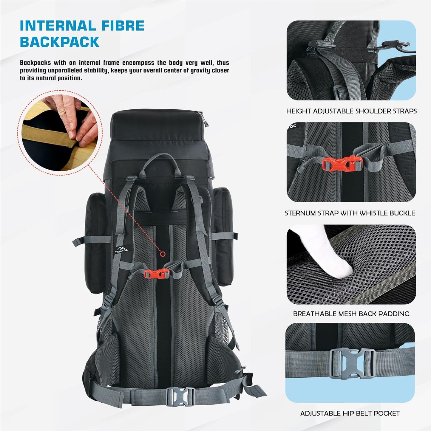VORTEX 60L Travel Backpack - Hiking, Trekking Rucksack for Men & Women - HK004 - Black