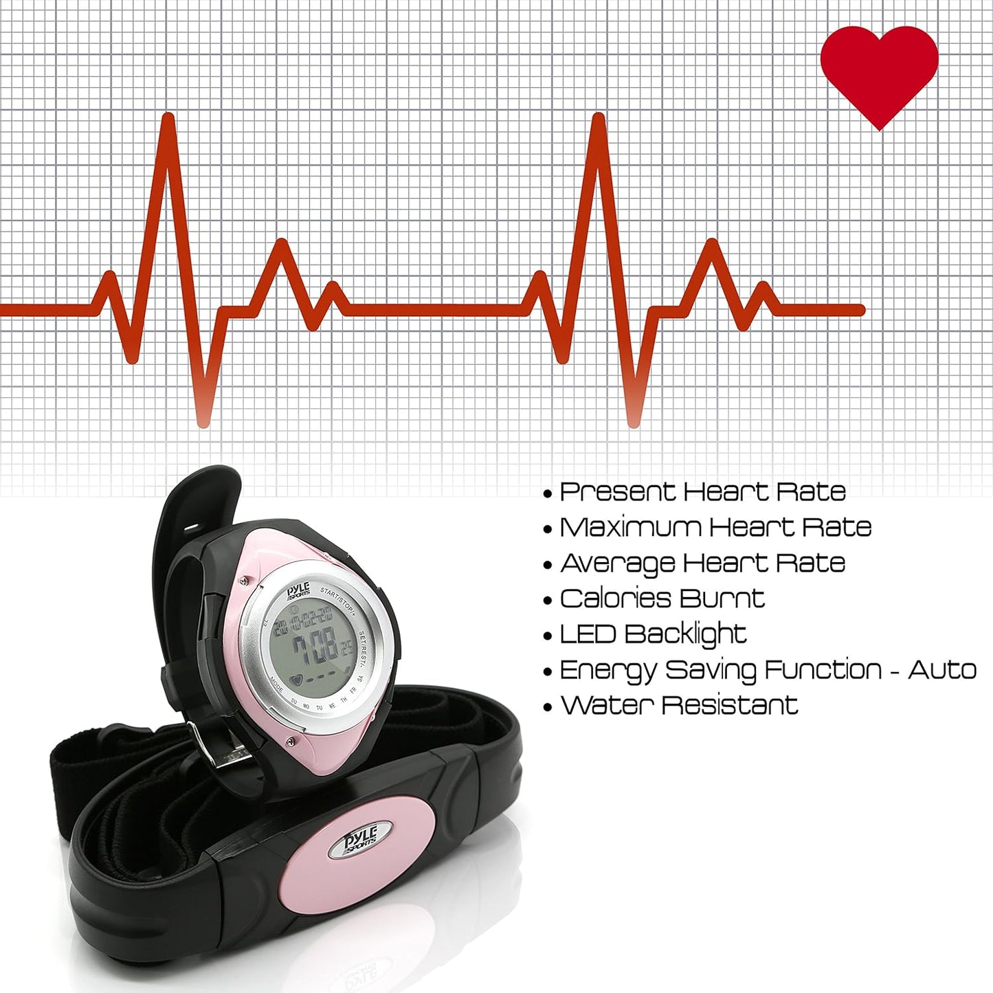 Pyle Fitness Tracker Watch with Heart Rate Monitor, Healthy Wristband Sports Pedometer Activity Tracker Steps Counter Stop Watch Alarm Water Resistant - with Calorie Counter and Target Zones (Pink)