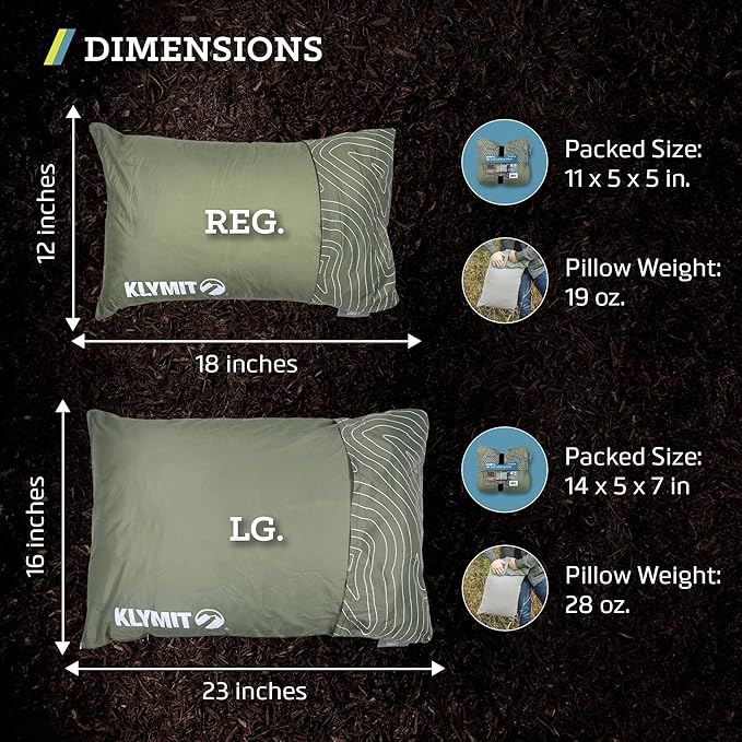 Klymit Drift Camping Pillow, Shredded Memory Foam Travel Pillow with Reversible Cover for Outdoor Use, Green, Large