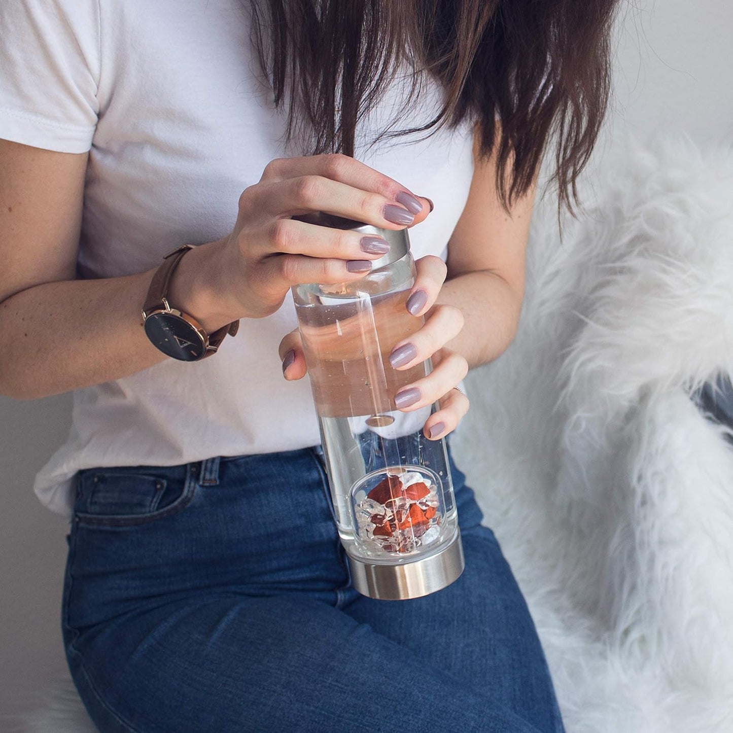 VitaJuwel ViA LUNA | Crystal Water Bottle with Rainbow Moonstone and Clear Quartz for Intuition, Empathy, Femininity
