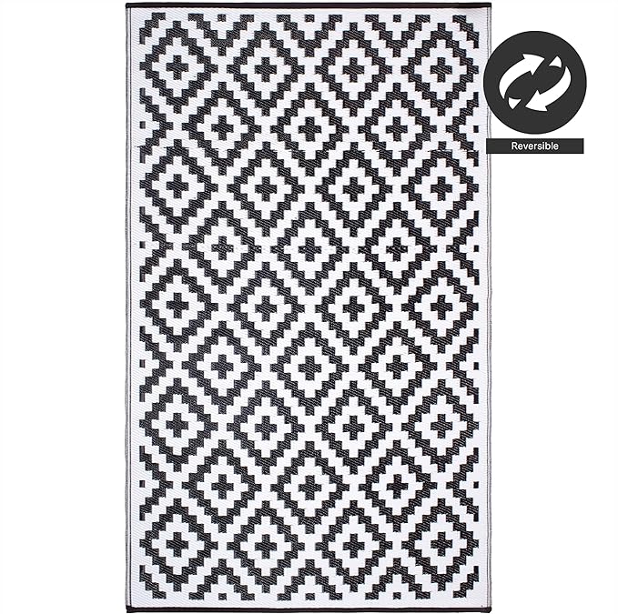 FH Home Outdoor Camping Rug - Waterproof, Fade Resistant, Reversible - Premium Recycled Plastic - Geometric - Large Patio, Deck, Sunroom, RV - Aztec - Black & White - 9 x 12 ft Foldable