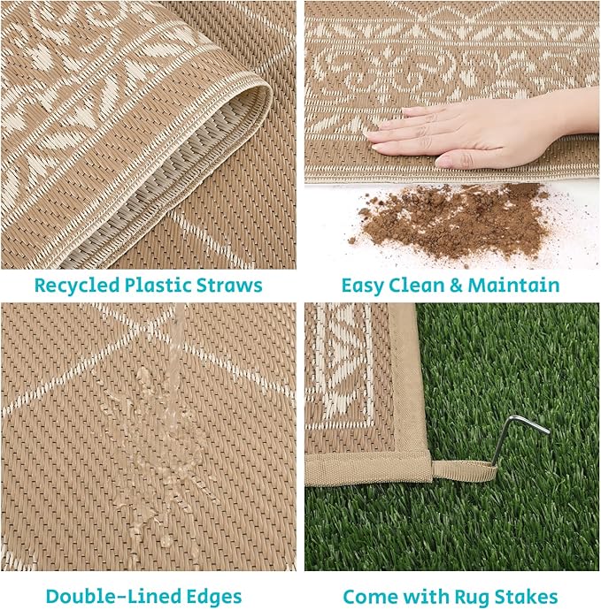 HEBE Outdoor Rug 8'x10' for Patios Waterproof Clearance Reversible Patio Mat Plastic Straw Rug RV Camping Mat Outside Area Rug Carpet for Camping RV,Porch,Deck,Balcony,Camper,Backyard