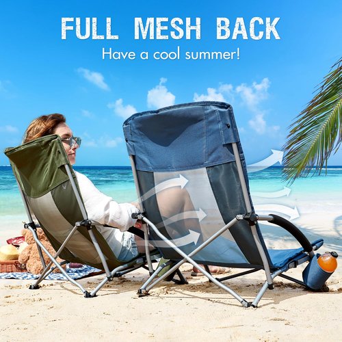 PORTAL Beach Chairs for Adults High Back Low Folding Camping Chair Portable Lightweight with Cup Holder for Travel, Concert, Lawn, Festival, Support 400lbs, Navy Blue