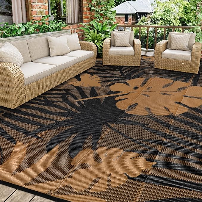 Homcomoda Outdoor Rugs 9’x12’ Waterproof Reversible Patio Rugs Outdoor Clearance Lightweight Outdoor Rugs Portable RV Camping Mats for Tents Deck Porch BBQ Beach Backyard