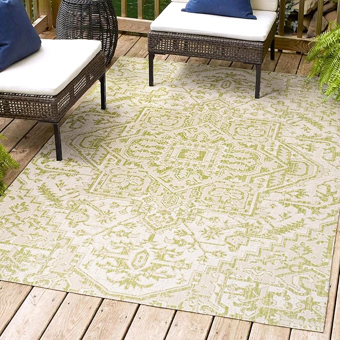 JONATHAN Y SMB105E-9 Estrella Bohemian Medallion Textured Weave Indoor Outdoor Area Rug, Coastal,Traditional,Transitional Easy Clean,Bedroom,Kitchen,Backyard,Patio, Non-Shed, Cream/Green, 9 X 12