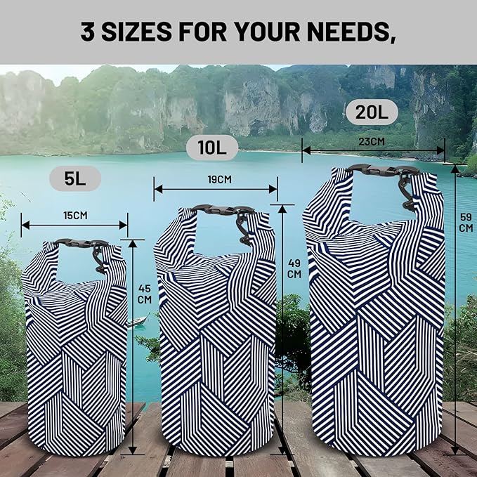 Waterproof Dry Bag,Roll Top Navy and White Geometric Small Waterproof Backpack 5L/10L/20L Floating and Lightweight Bags for Kayaking, Boating, Fishing, Swimming and Camping