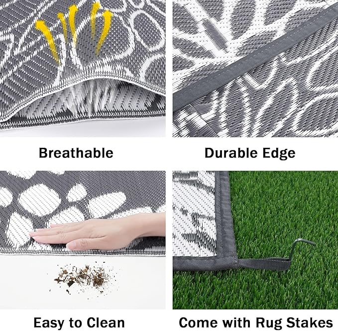 Ileading Reversible Outdoor Rug 9x12Ft Waterproof Patio Rug Carpet Portable Outdoor Plastic Straw Rug Large RV Camping Mat Rug for Patio, Clearance, Deck, Beach, Porch, Camping, Picnic, Grey
