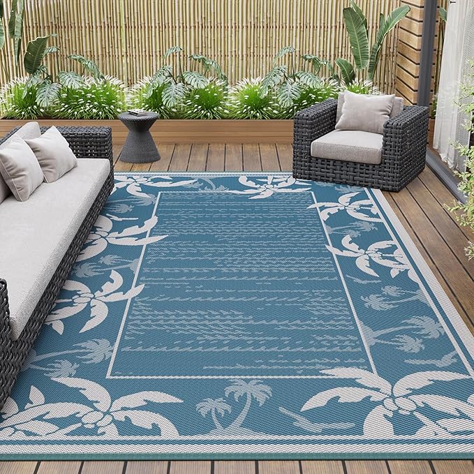 COCOER Outdoor-Rug 6x9 ft Waterproof Reversible Outdoor Plastic Straw Rug RV Indoor Outdoor Carpet Quick Dry Patio Rug Camping Mat for Balcony Backyard Picnic Beach-Blue&White