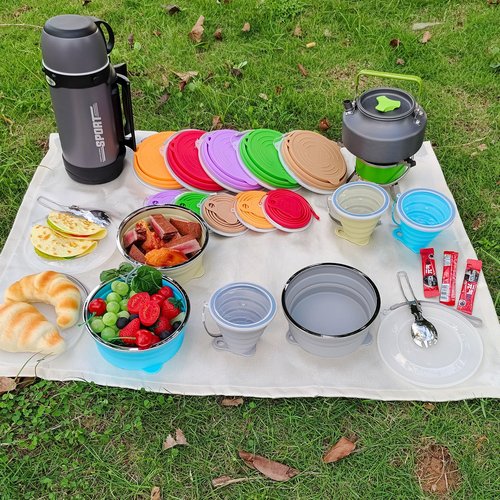 Cagelya Mess Kit for Camping Silicone Collapsible Bowl Collapsible Cup and Stainless Steel Spoon for Backpacking Outdoor Hiking Traveling and Picnic - 4 Pack