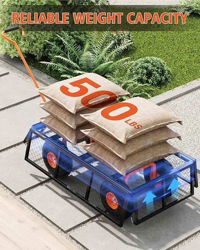 Heavy Duty 500 Lbs Capacity Steel Garden Cart, 3-In-1 Utility Metal Wagon, with Removable Mesh Sides to Convert Into Flatbed, 180° Rotating Handle and 10" Tires