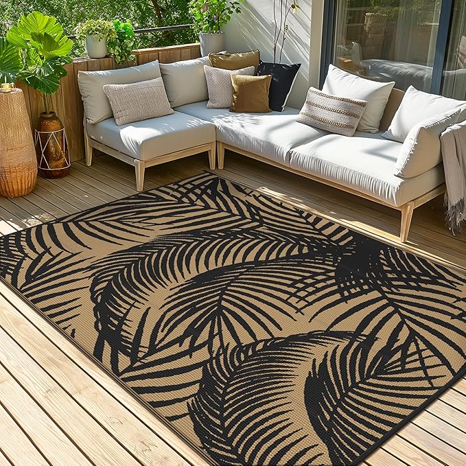 GENIMO Outdoor Rug 6' x 9' Waterproof for Patio Clearance, Reversible Plastic Straw Camping Carpet, Lightweight Mats for Rv, Backyard, Deck, Porch, Picnic, Beach, Balcony, Black & Brown