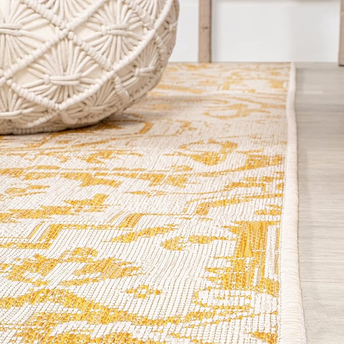JONATHAN Y SMB105H-5SQ Estrella Bohemian Medallion Textured Weave Indoor Outdoor Area Rug, Coastal Traditional Transitional Easy Cleaning,Bedroom,Kitchen,Backyard,Patio, Cream/Yellow, 5' Square