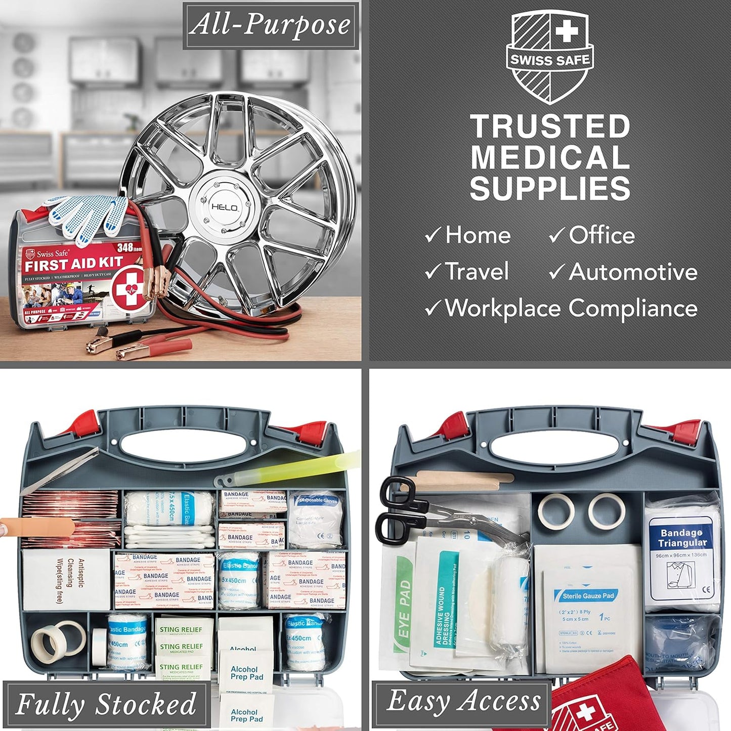Swiss Safe 2-in-1 First Aid Kit for Car, Travel & Home, Businesses - Bonus Mini Kit for Medical Emergency Aid, Survival, Camping - 64 Piece, Travel FAK