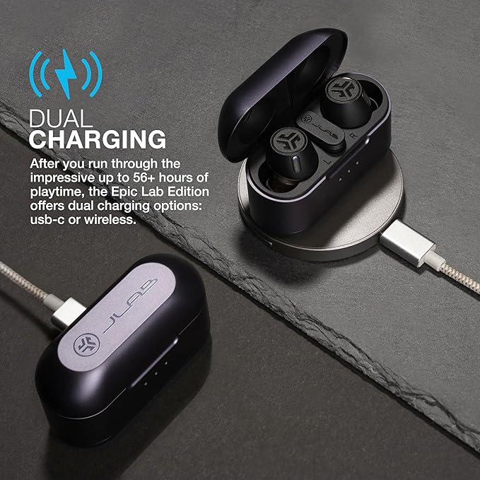 JLab Epic Lab Edition True Wireless Earbuds, Hybrid Dual Drivers, Spatial Audio, Multipoint BT, Wireless or USB-C Charging, Wear Detect Auto Play/Pause, Google Fast Pair