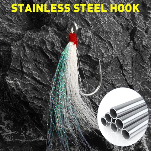 Bucktail Teaser Fishing Hooks,5pcs Saltwater Flounder Rig Stainless Steel Fishing Jig Hooks Bucktail Mylar Flash Teasers Inserted for Striper Catfish Cod Flounder Hi/Lo Rig