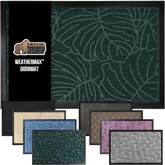 GORILLA GRIP 100% Waterproof All-Season WeatherMax Doormat, 47x35, Durable Natural Rubber, Stain and Fade Resistant, Low Profile, Indoor Outdoor Door Mats, Easy Clean Patio Entrance Mat, Green Palm