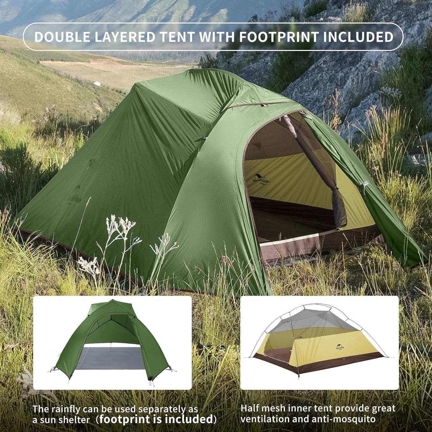 Naturehike Cloud-Up 3 Person Lightweight Backpacking Tent with Footprint - 3 Season Free Standing Dome Camping Hiking Waterproof Backpack Tents