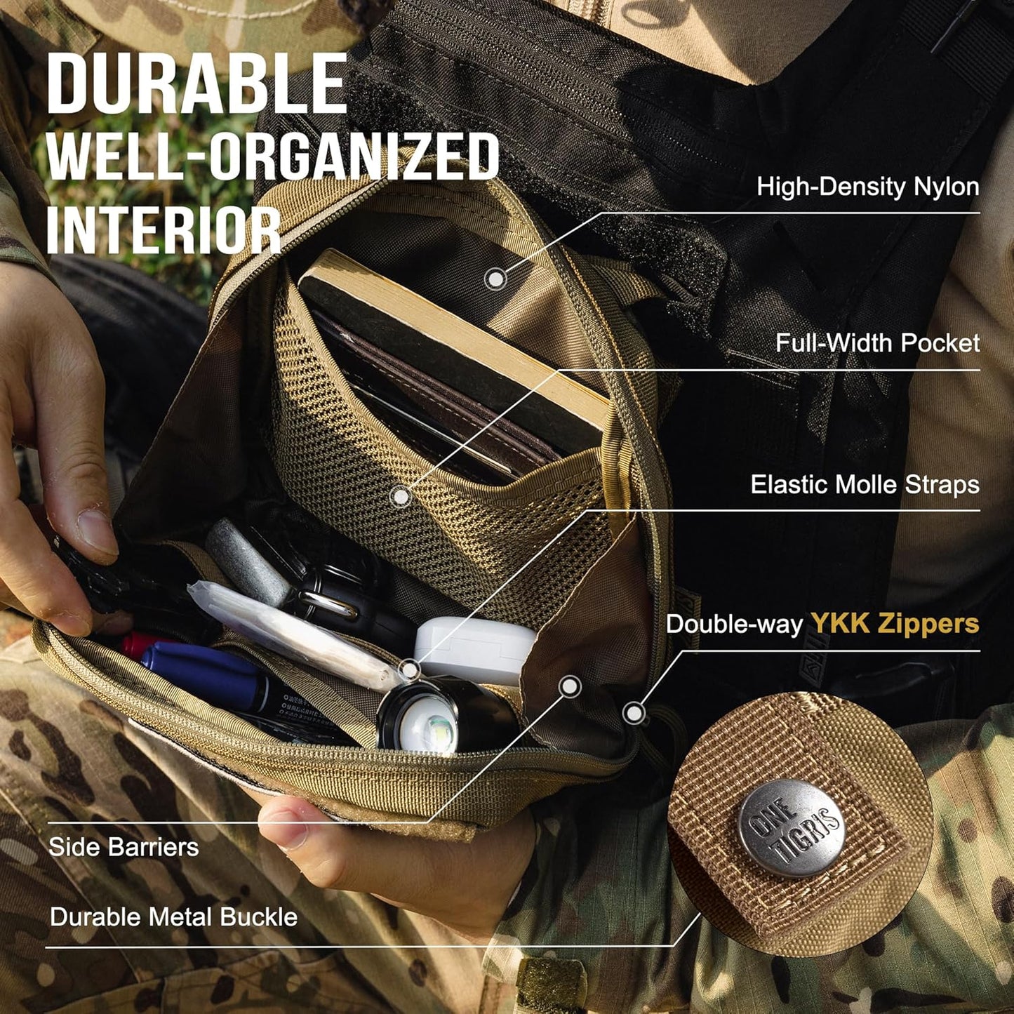 OneTigris MOLLE Pouch, Tactical Admin Pouch Belt EDC Tool Organizer Zippered Utility Waist Pack 7.5"x5"x2"