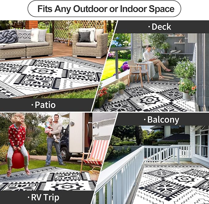 Waterproof Outdoor Rug 6x9ft, Boho Reversible Plastic Straw Mat for Patio RV Deck Porch Backyard Balcony Camping Picnic Beach Indoor Outdoor Carpet, Black&White