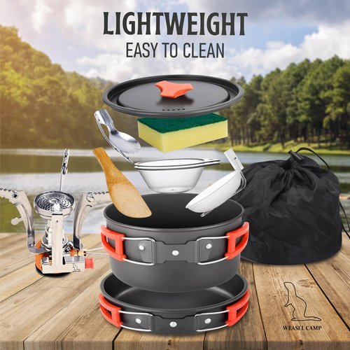 12 piece Camping Cookware Set for Backpacking Gear - Lightweight and Compact Camping Cooking Set - Portable Camping Pots and Pans Set for Hiking, Backpacking, Outdoor Cooking, Picnic and Camping