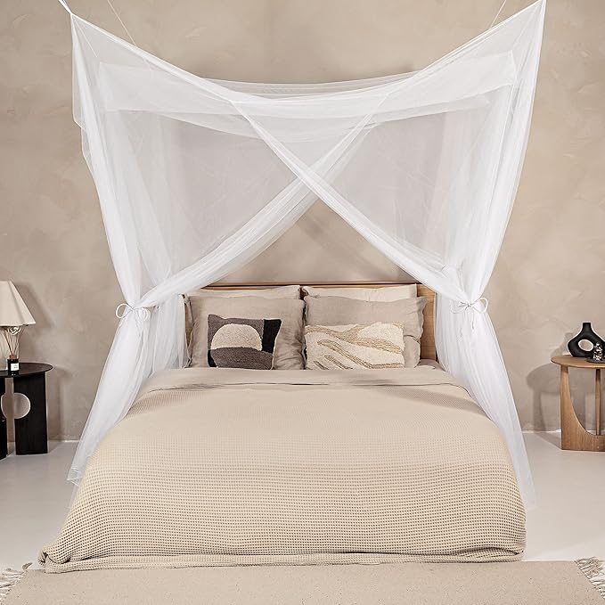 Mosquito Net for Single to King-Sized Beds – 4 Side Openings & 6 Hanging Loops – Decorative Rectangular Shape for Home & Travel – Bed Canopy Hanging Kit & Carrying Bag Included