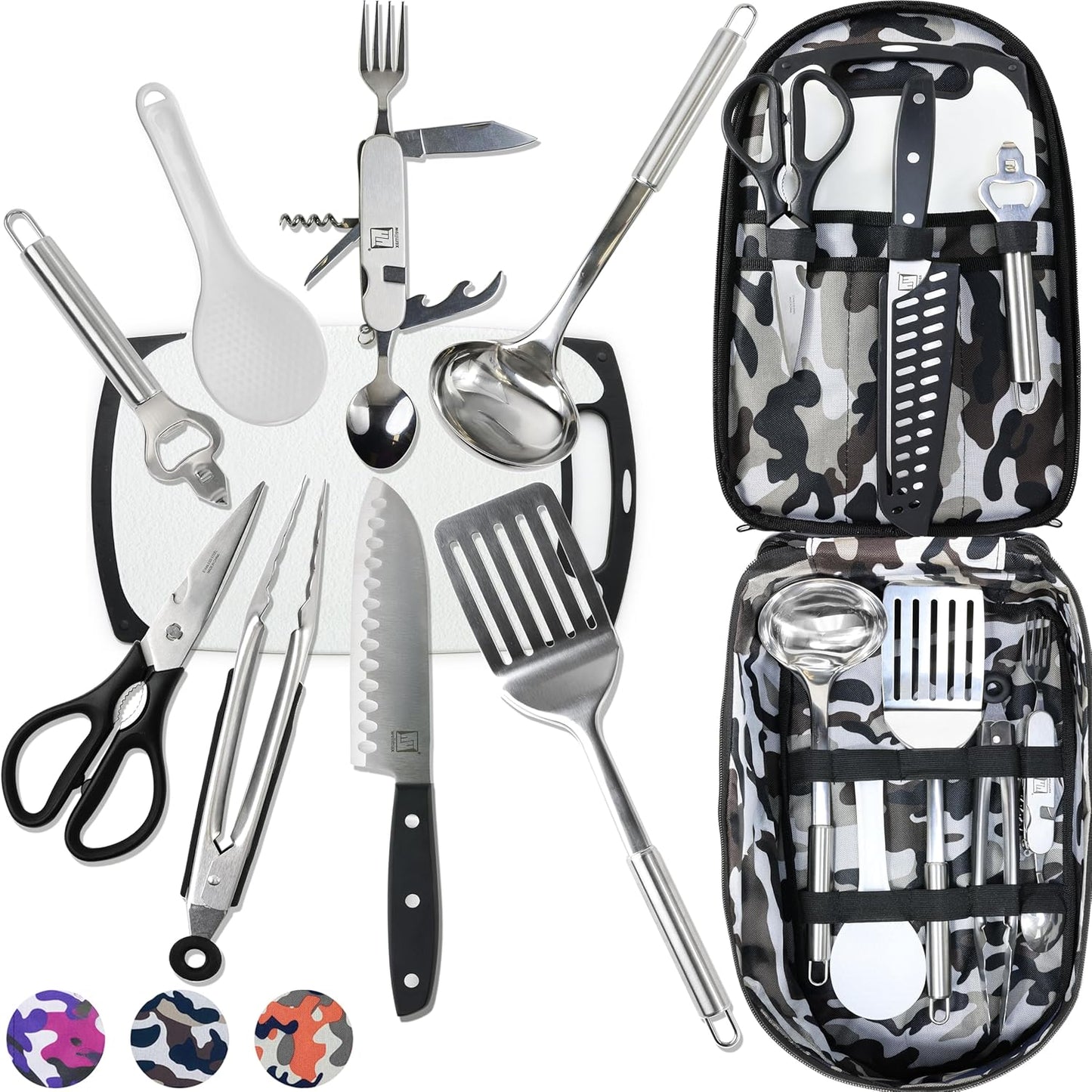 Wellmax 10-Piece Stainless Steel Camping Cooking Set – Compact All-in-One Cookware Kit with Utensils & Travel Bag for Campers, Hikers, Outdoor Adventures, Purple Camo Color
