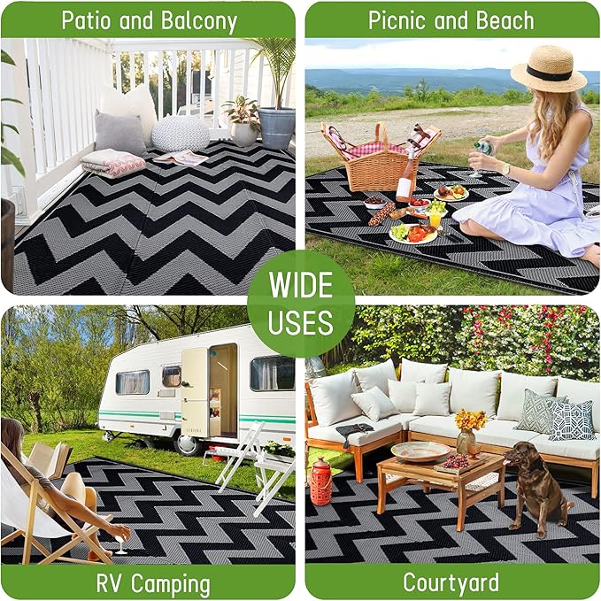Easy-Going Reversible Outdoor Rugs 9x12ft Waterproof Plastic Straw Rug Stain & UV Resistant Floor Mat for Patio Porch RV Backyard Pool Deck Picnic Beach Trailer Camping (Waved Black & Grey)