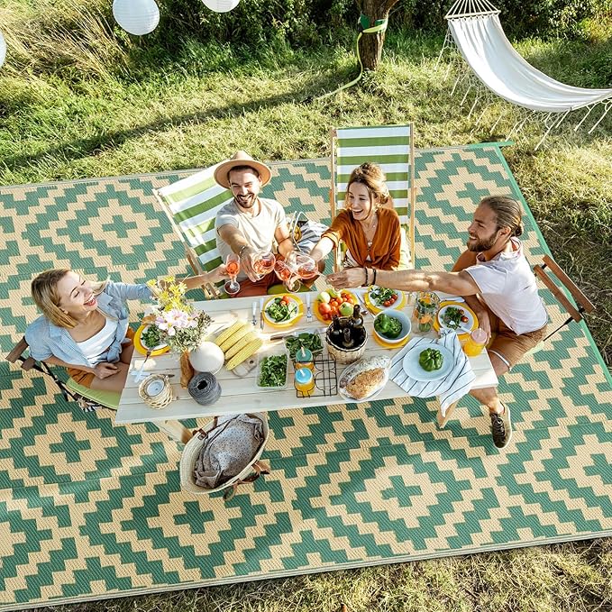 Outdoor Patio Plastic Straw Rug - 8'x10' Outdoor Camping Rug Waterproof Reversible, Area Carpet Patios Clearance RV, Outside Porch Balcony Deck for Camper, Green & Yellow