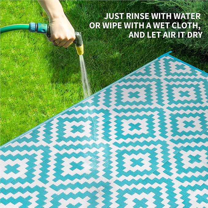 Outdoor Patio Plastic Straw Rug - 5'x8' Outdoor Camping Rug Waterproof Reversible, Area Carpet Patios Clearance RV, Outside Porch Balcony Deck for Camper, Blue & White