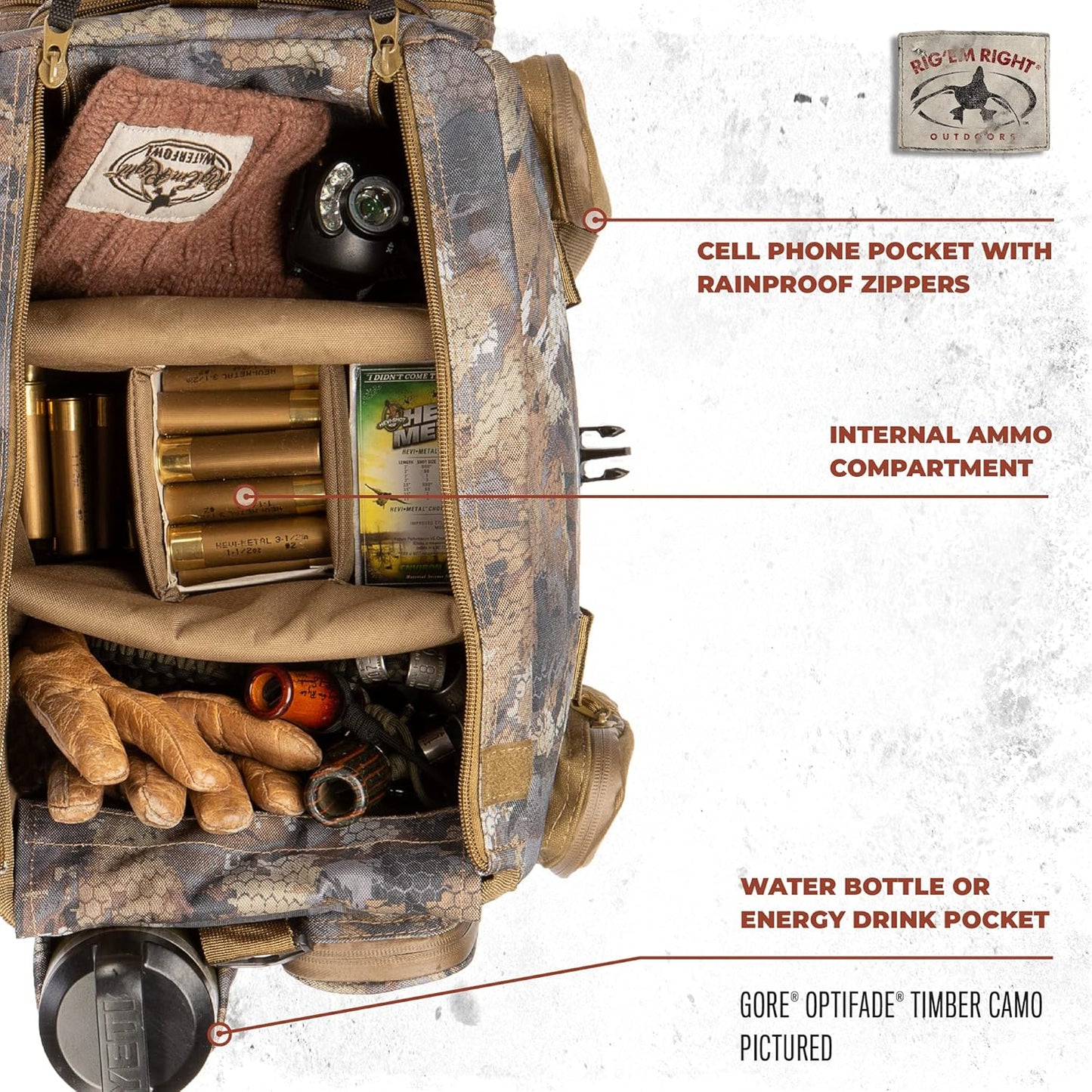 Rig'Em Right Waterfowl Shell Shocker XLT Duck Hunting Blind Bag with Molded Ammo Compartments, Sunglasses Case, Drink Holder and More (Gore Optifade March Camo)