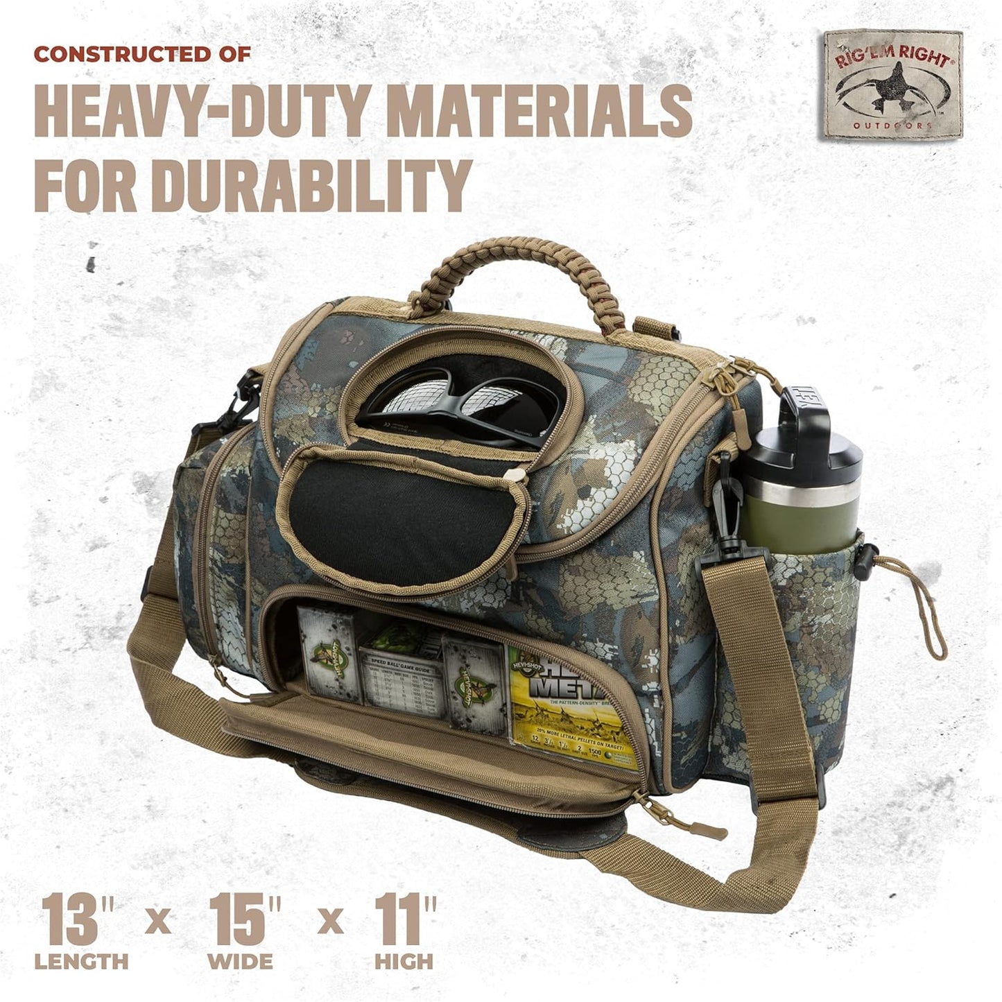 Rig'Em Right Waterfowl Lock and Load Duck Hunting Blind Bag with Molded Ammo Compartments, Sunglasses Case, Drink Holder and More (Optifade Marsh Camo)