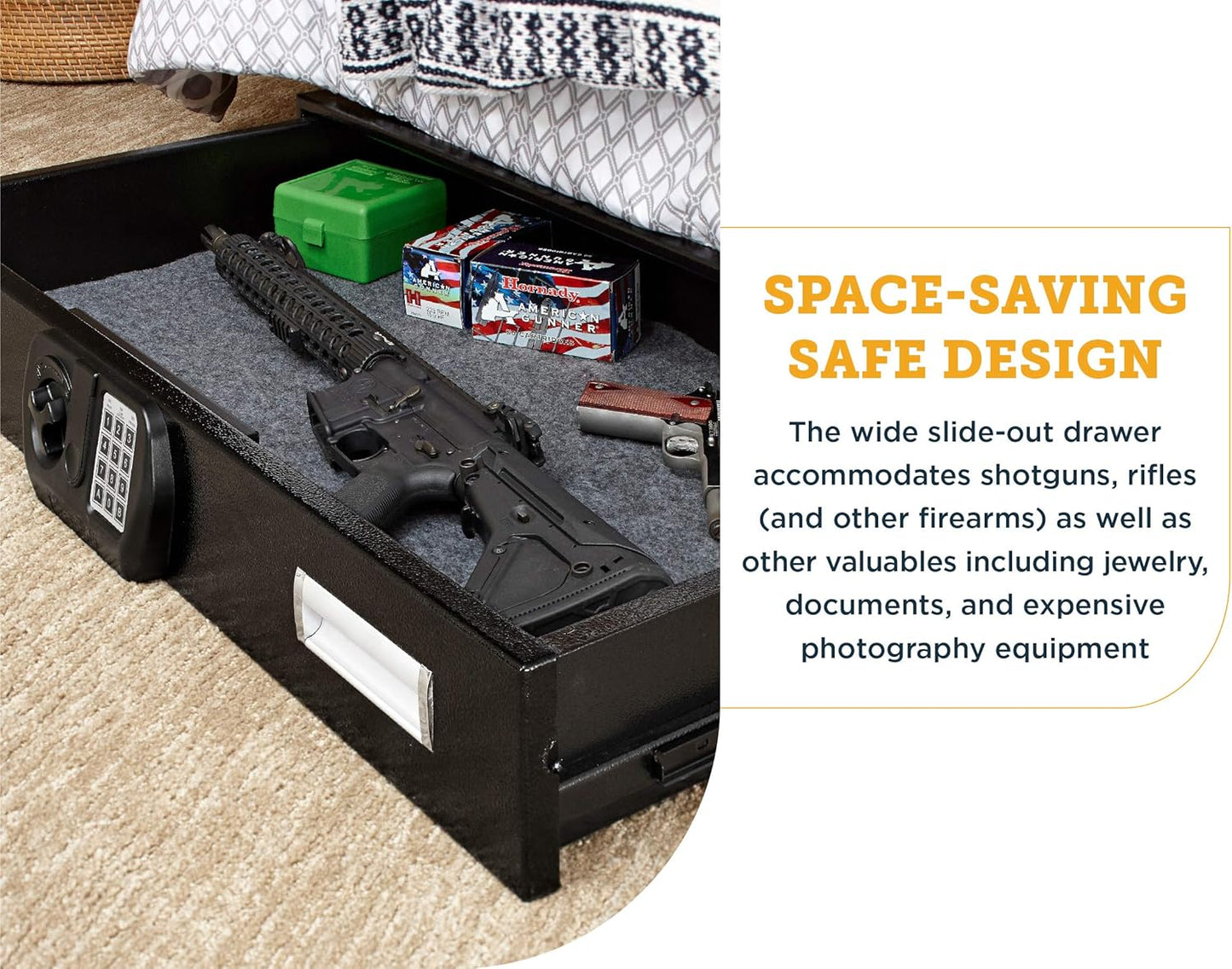 SnapSafe Under Bed Safe, Large – Under Bed Gun Safe for Firearms, Ammunition and Valuables – Fits in Trunk of Small SUVs – Easy Access, Out of Sight, Space Saving – Black, 40 x 6 x 22 Inches