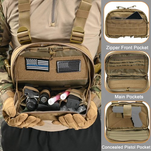 tactifans Chest Rig with Concealed Pistol Holster, Chest Bag for Men,Molle EDC Tactical Vest Chest pack for Running Outdoor