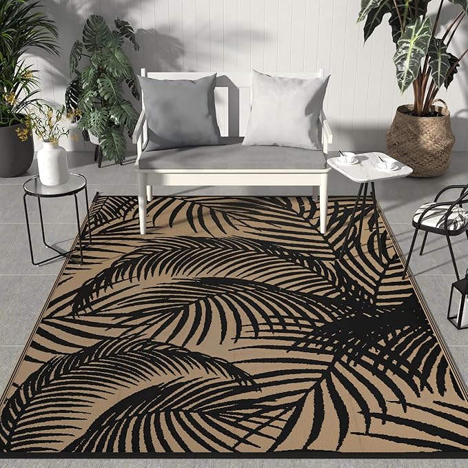 GENIMO Outdoor Rug 6' x 9' Waterproof for Patio Clearance, Reversible Plastic Straw Camping Carpet, Lightweight Mats for Rv, Backyard, Deck, Porch, Picnic, Beach, Balcony, Black & Brown