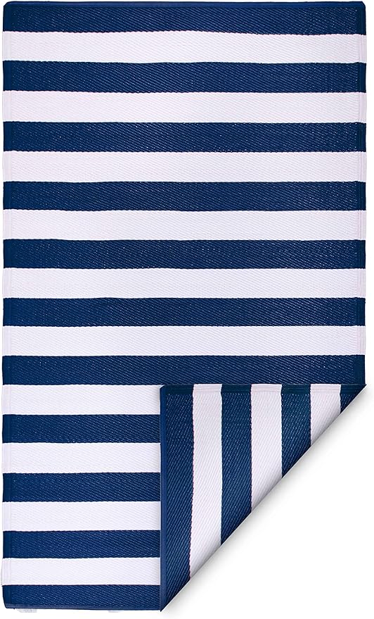 FH Home Outdoor Rug - Waterproof, Fade Resistant, Reversible - Premium Recycled Plastic - Striped - Patio, Deck, Porch, Balcony, Laundry Room - Brittany Stripe - Blue & White Crease Free - 4 x 6 ft