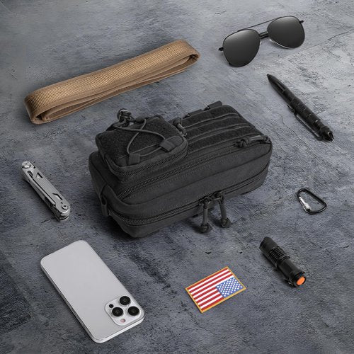 JIPIMON Tactical Molle Pouch, Water-Resistant Admin Pouch with US Flag Patch, Utility Molle Pouches for Tactical Vest Backpack (Black)