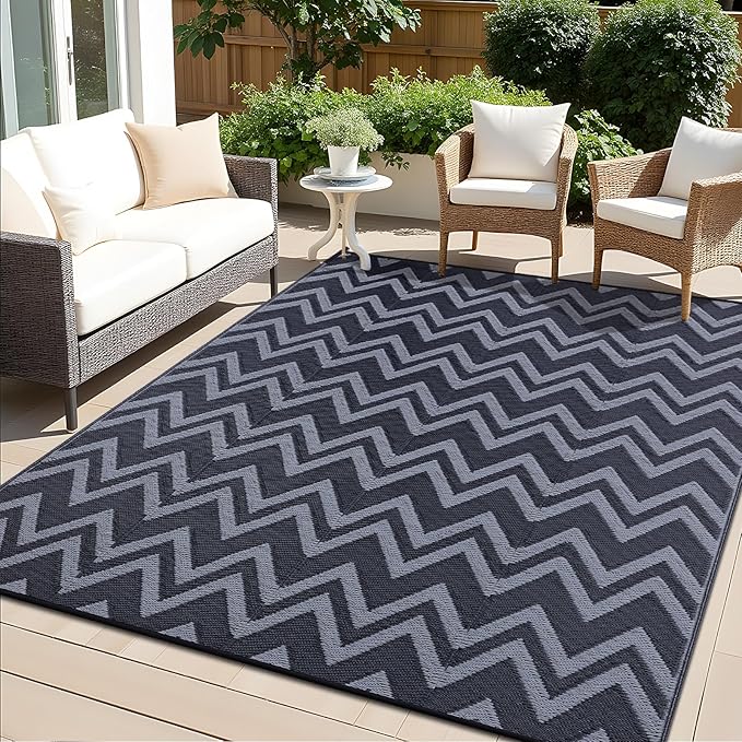 OLANLY Waterproof Outdoor Rug 8x10 ft Clearance, Reversible Outdoor Plastic Straw Rug, RV Mat, Indoor Outdoor Carpet for Patio, Camping, Balcony, Deck, Backyard, Black & Grey