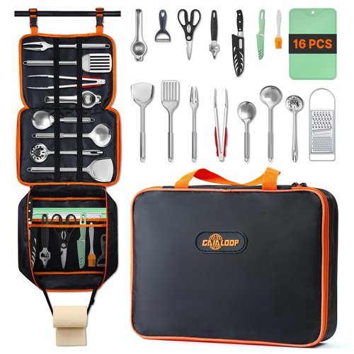 Gaialoop Camping Cooking Utensils Set 16 PCS Camp Kitchen Cookware Kit with Organizer Bag, Portable RV Camping Essentials Camper Must Haves for Cookouts Open Fire Pit