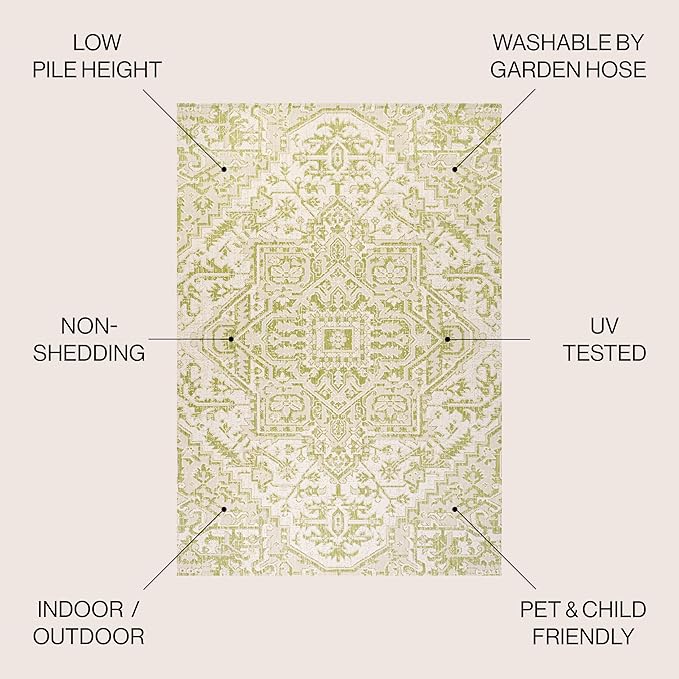 JONATHAN Y SMB105E-4 Estrella Bohemian Medallion Textured Weave Indoor Outdoor Area Rug, Coastal,Traditional,Transitional Easy Clean,Bedroom,Kitchen,Backyard,Patio, Non-Shed, Cream/Green, 4 X 6