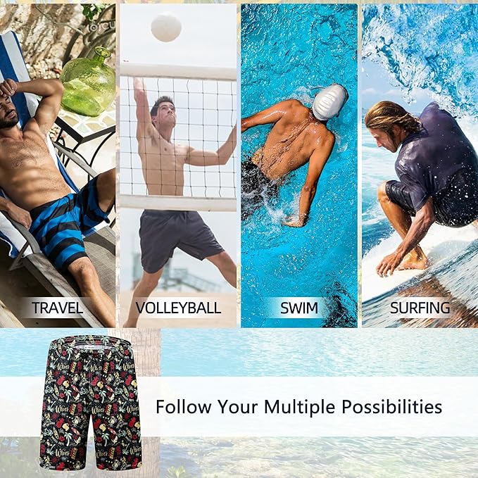 Mens Swim Trunks Quick Dry Board Shorts with Mesh Lining, Breathable Surf Beach Shorts Swimwear Bathing Suits