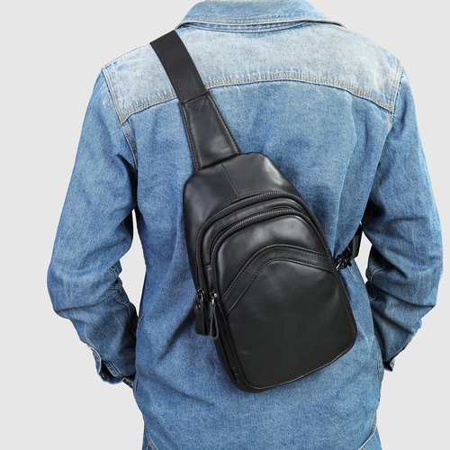 MASIWEI Genuine Leather Sling Bag for Mens Crossbody Bag Shoulder Backpack Fashion Chest Bag Travel Hiking Daypack, Black