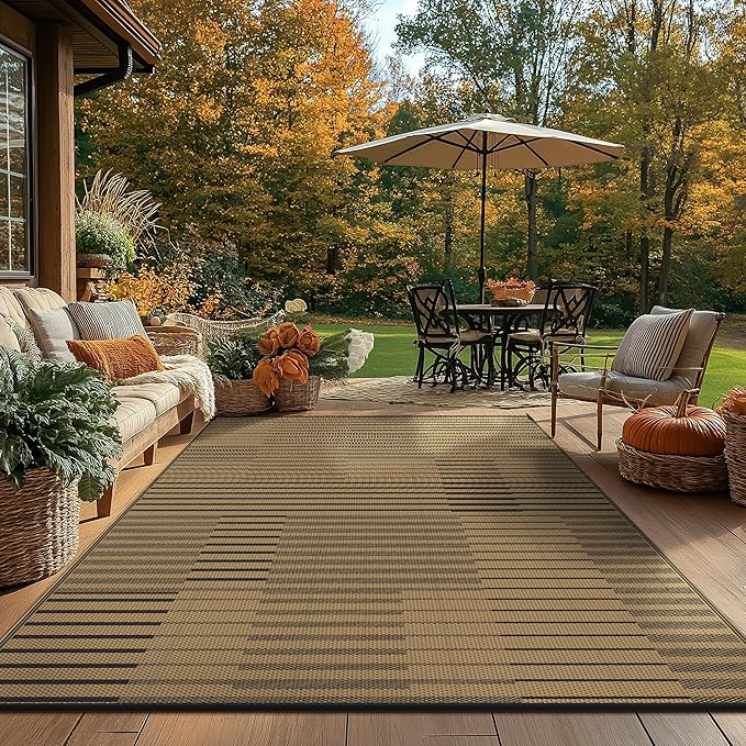 GENIMO Outdoor Rug for Patio Clearance, 8'x10' Waterproof Camping Mat, Reversible Plastic Straw Rugs for RV, Camper, Balcony, Backyard, Picnic, Deck (Black Brown)