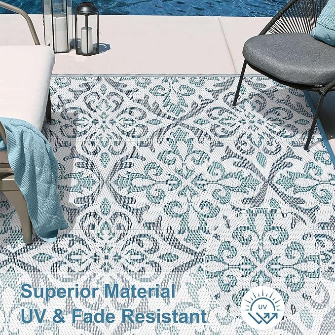 Lahome Patio Rug 6x9 Deck Rugs Outdoor Waterproof for Outside, Plastic Straw Rug Reversible Rv Mat,Large Portable Porch Floor Camping Carpet for Balcony Tent, Blue & White 6x9