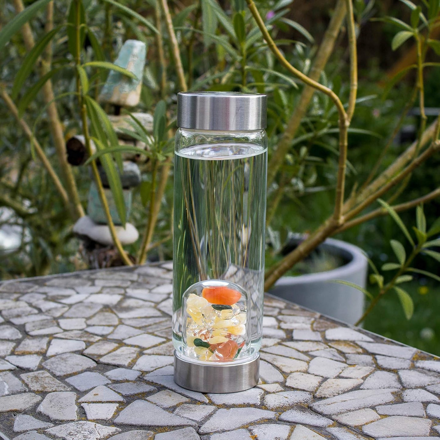 VitaJuwel ViA LUNA | Crystal Water Bottle with Rainbow Moonstone and Clear Quartz for Intuition, Empathy, Femininity
