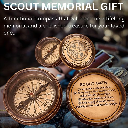 Scout Compass Gift Boys - Engraved Scout Oath Compass in Wood Box Scout Always Prepared Camping Orienteering Compass, Hiking Backpacking Compass Gift, 50 Year calander (#1 Scout Compass w Lid)