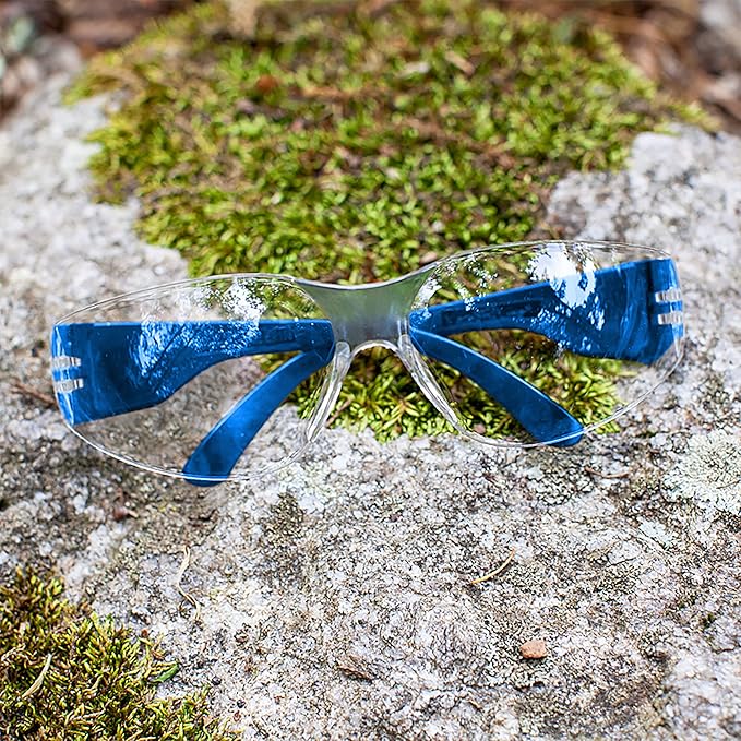 BISON LIFE Clear Lens Color Temple Safety Glasses | One Size, Adult, Youth, Clear Protective Polycarbonate Lens Color Temple, Blue, 24 PAIRS