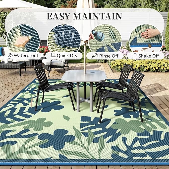 MontVoo Outdoor Rug Waterproof 8x10 ft RV Outdoor Rug for Camping Picnic Mat Outdoor Patio Rug Carpet Plastic Straw Reversible Floral Teal Blue Green