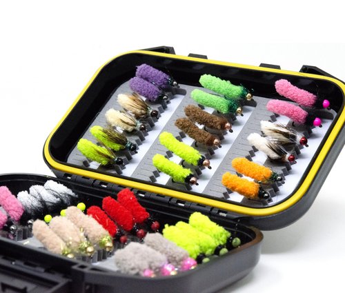 Outdoor Planet 36 Mop Flies Assortment with Waterproof Fly Box | Mop Jig Tungsten Bead and Barbed Hooks | Fly Fishing Flies for Trout Size #10,12,14,16