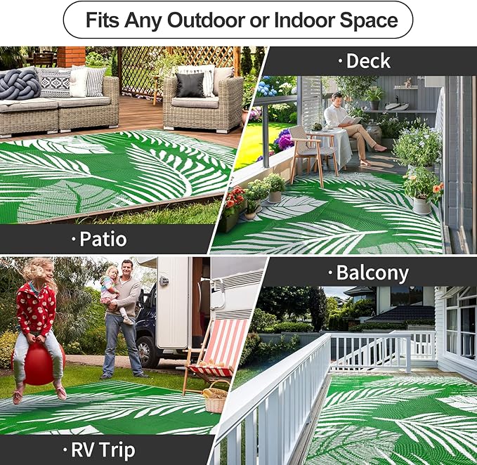 Waterproof Outdoor Rug 5x8ft, Green Leaf Reversible Plastic Straw Mat for Patio RV Deck Porch Backyard Balcony Camping Picnic Beach Indoor Outdoor Carpet, Green&White